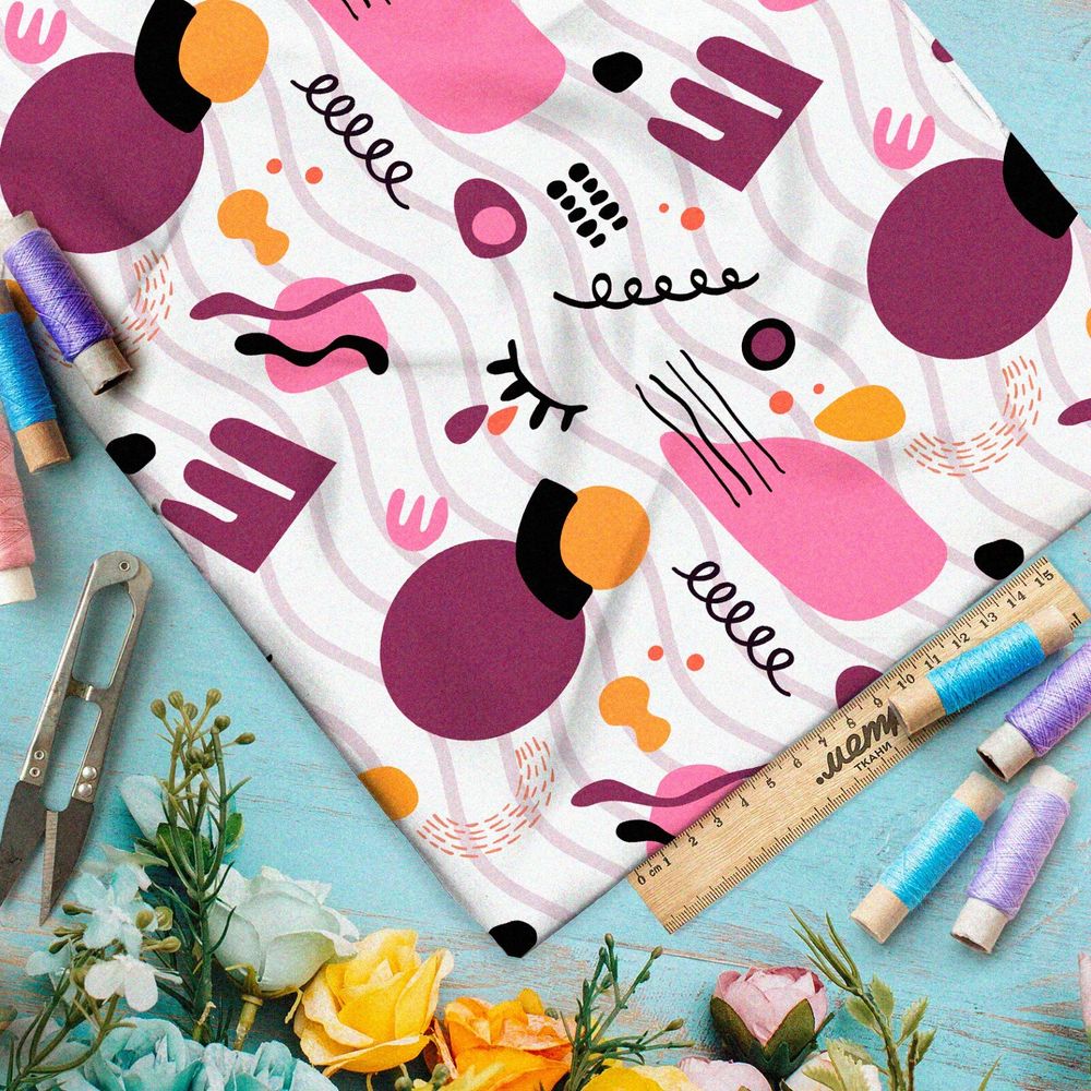 Ткань таффета сиреневые космические пятна на белом фоне с волной