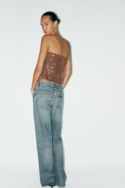 ZARA ТОП СО СБОРКАМИ И СТРАЗАМИ, БРОНЗОВЫЙ