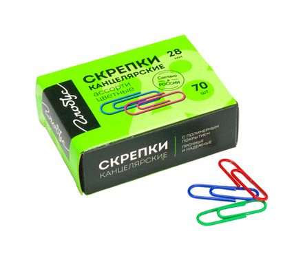 Скрепки канцелярские 28мм, 70шт, цветные, Глобус, картон. упак.