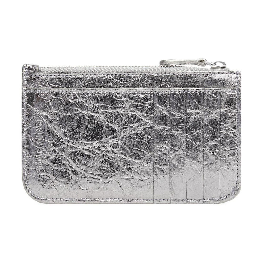 Balenciaga Le Cagole Metallic Finish Fine Grained Sheepskin Card Holder Card Holder Women"s Silver