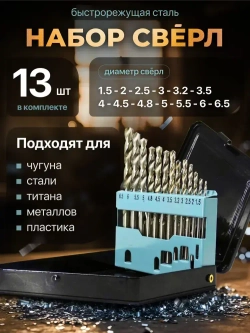 Набор сверл по металлу 1.5-6.5 мм из 13 штук, в металлическом кейсе