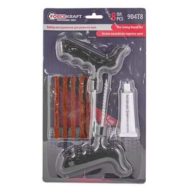 Набор инструментов для ремонта шин 8пр.(шило,протяжка,шнуры-5шт,клей), в блистере FORCEKRAFT FK-904T8