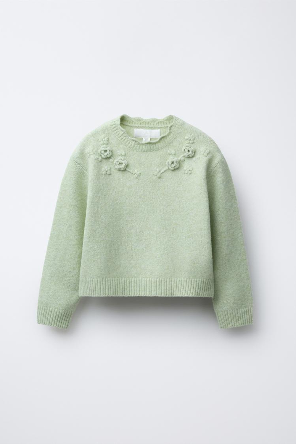 ZARA ТРИКОТАЖНЫЙ ДЖЕМПЕР С ЦВЕТАМИ, СВЯЗАННЫМИ КРЮЧКОМ, ПАСТЕЛЬНО-ЗЕЛЕНЫЙ