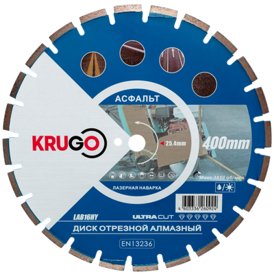 Диск алмазный для асфальта KRUGO 400x25,4x40x3,2x10/17mm, лазерная наплавка, LAB16HY