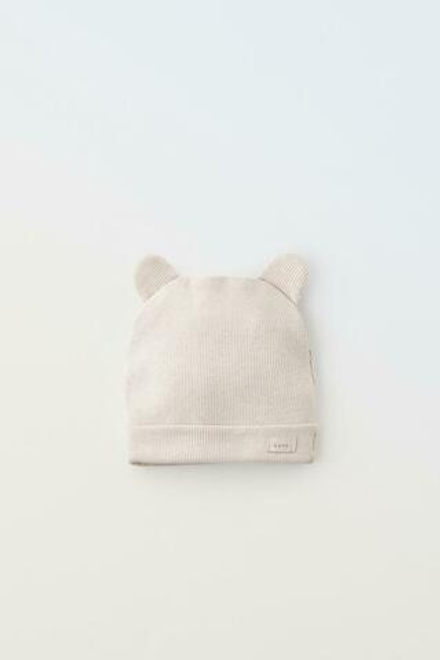 ZARA ШАПКА ИЗ ТРИКОТАЖА В РУБЧИК С УШКАМИ, СВЕТЛО-БЕЖЕВЫЙ