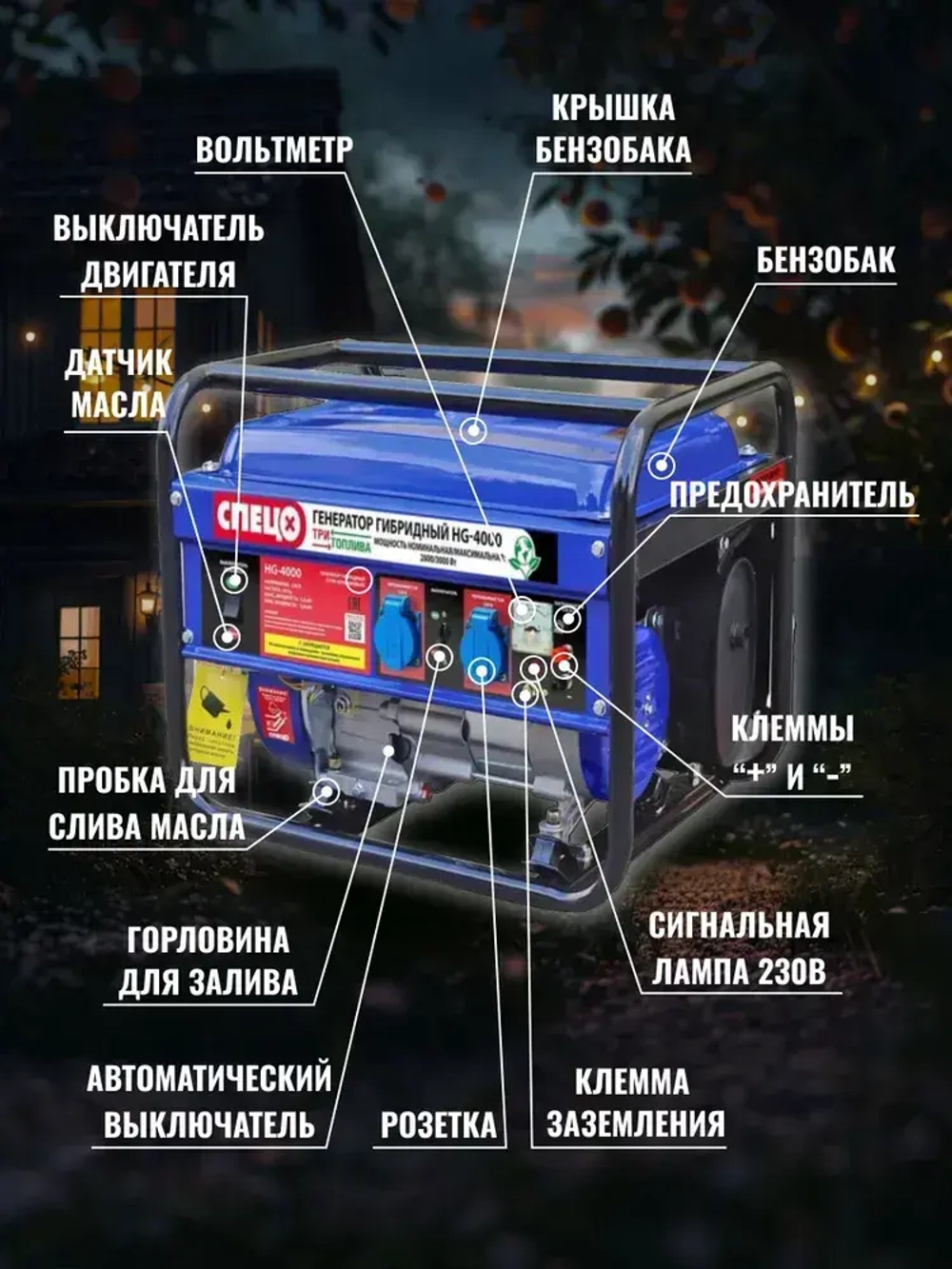 Генератор гибридный газ-бензин Спец HG-4000 ( ТРИ ВИДА ТОПЛИВА, 3000 Вт)
