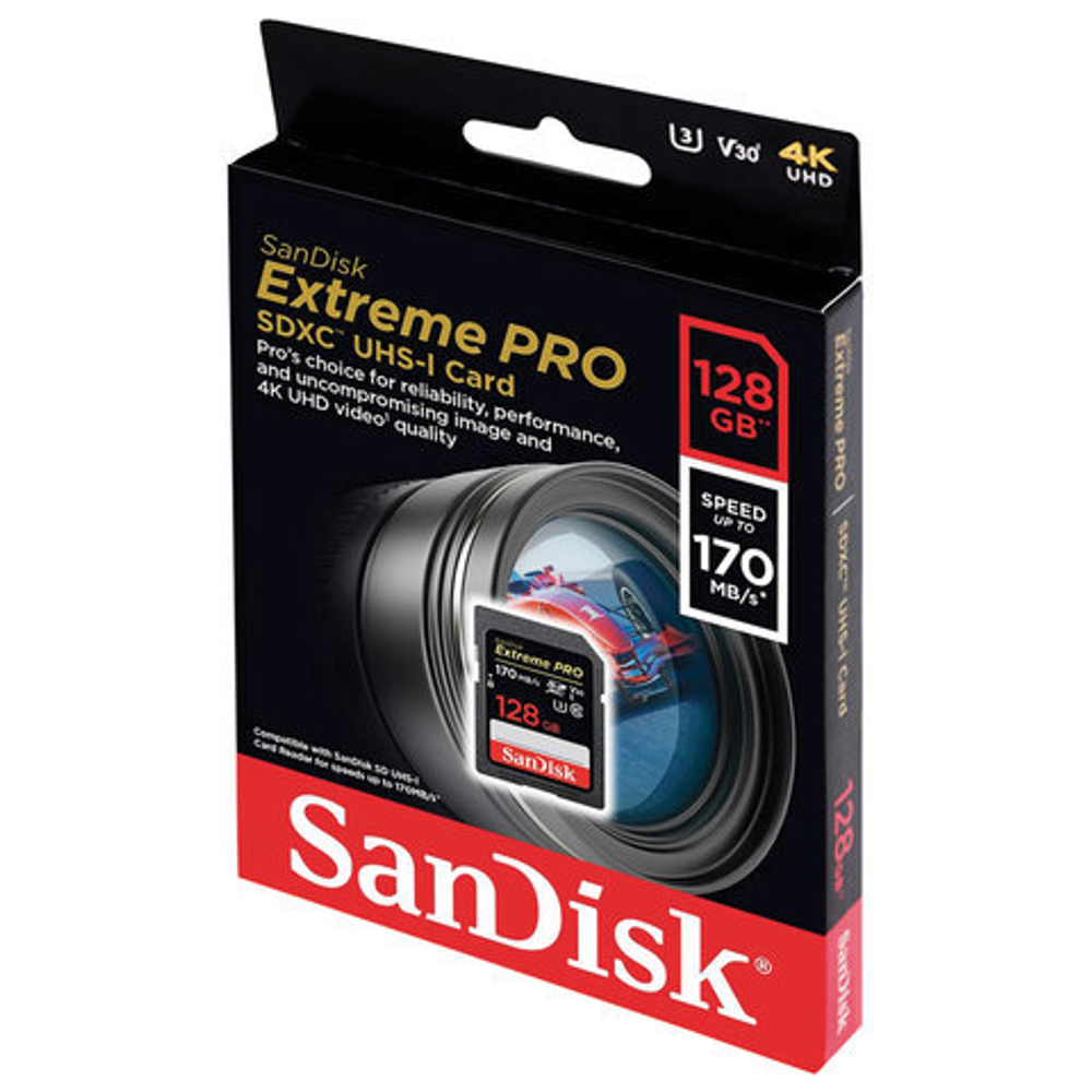 Карта памяти SDXC 128 GB SANDISK Extreme Pro UHS-I U3, V30, 170 Мб/сек (class 10), SDSDXXG-128G-GN4IN, DXXY-128G-GN4IN