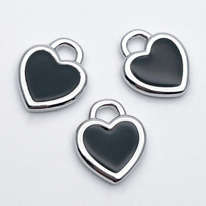 Подвеска Сердце, цвет серебро (родий)+черный, размер 15*13 мм, цена за 1 шт