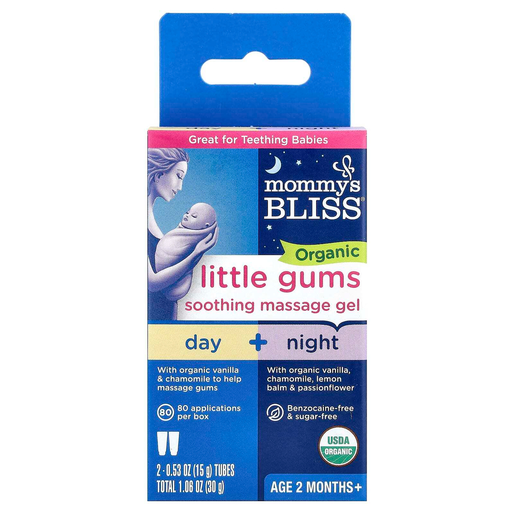 Mommy's Bliss, Organic Little Gums, успокаивающий массажный гель, дневной/ночной пакет, для детей в возрасте от 2 месяцев, 2 тюбика, 15 г (0,53 унции) каждый