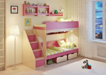 Двухъярусная кровать КарИВи Легенда 7.3 с полками  Дуб Молочный Розовый