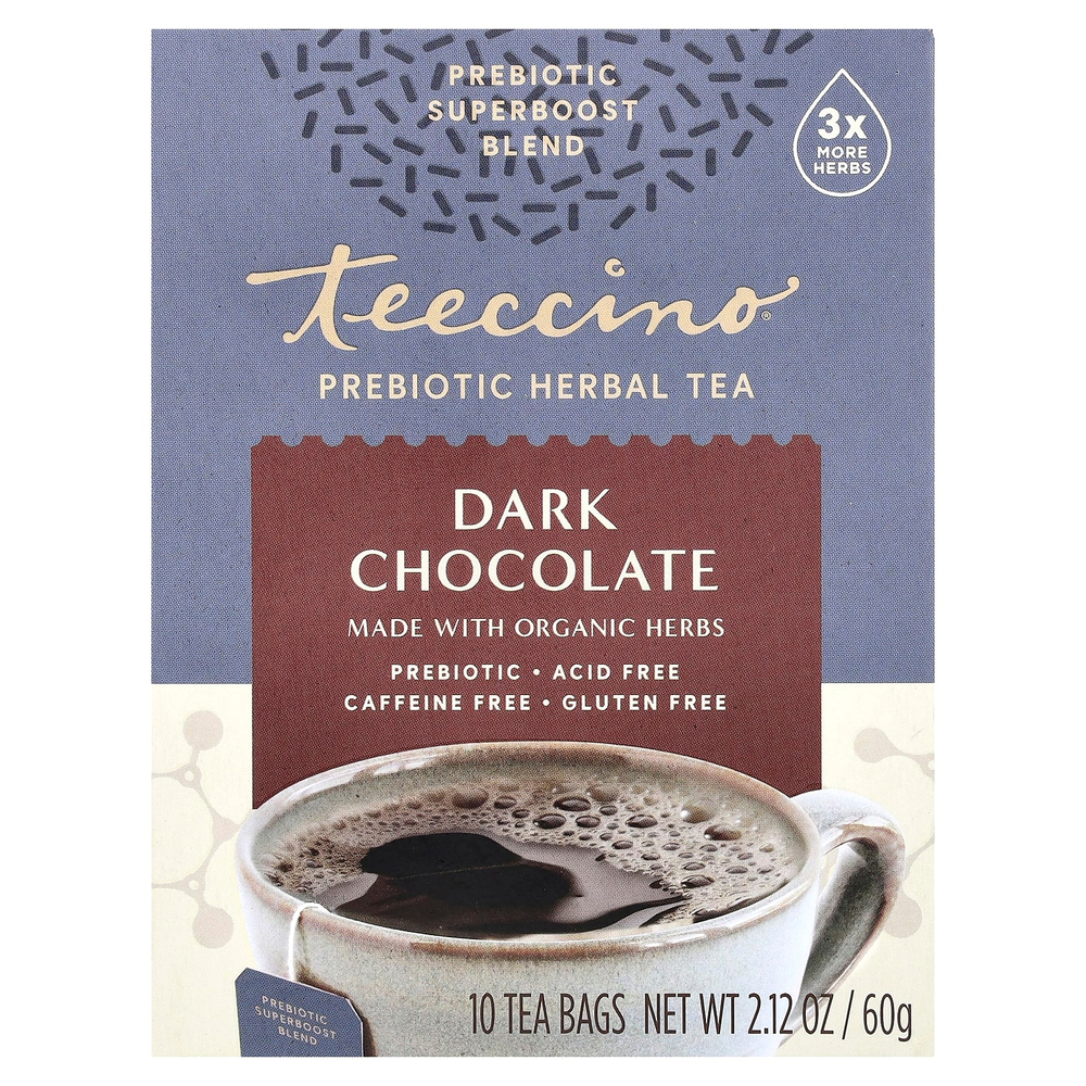 Teeccino, Prebiotic Herbal Tea, органический темный шоколад, без кофеина, 10 чайных пакетиков, 60 г (2,12 унции)