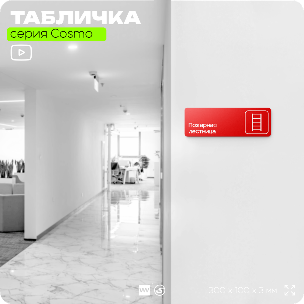 Табличка Пожарная лестница, для офиса, кафе, фитнес-клуба, магазина, отеля, 30 х 10 см черная, Айдентика Технолоджи