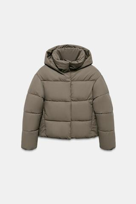 ZARA КОРОТКИЙ ПУХОВИК WINDPROOF ИЗ ПРОРЕЗИНЕННОЙ ТКАНИ, СЕРОВАТО-КОРИЧНЕВЫЙ