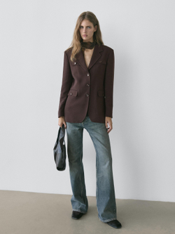 Massimo Dutti Пиджак с карманами и воротником с лацканами, шоколадный