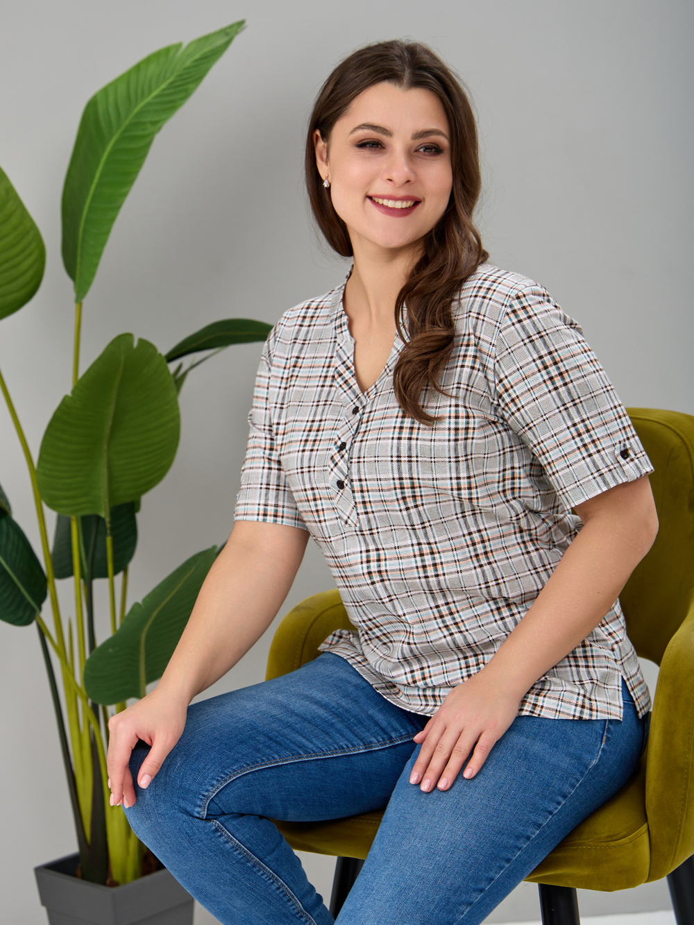 Блузка БЛ-122/клетка-рогожкаперсик