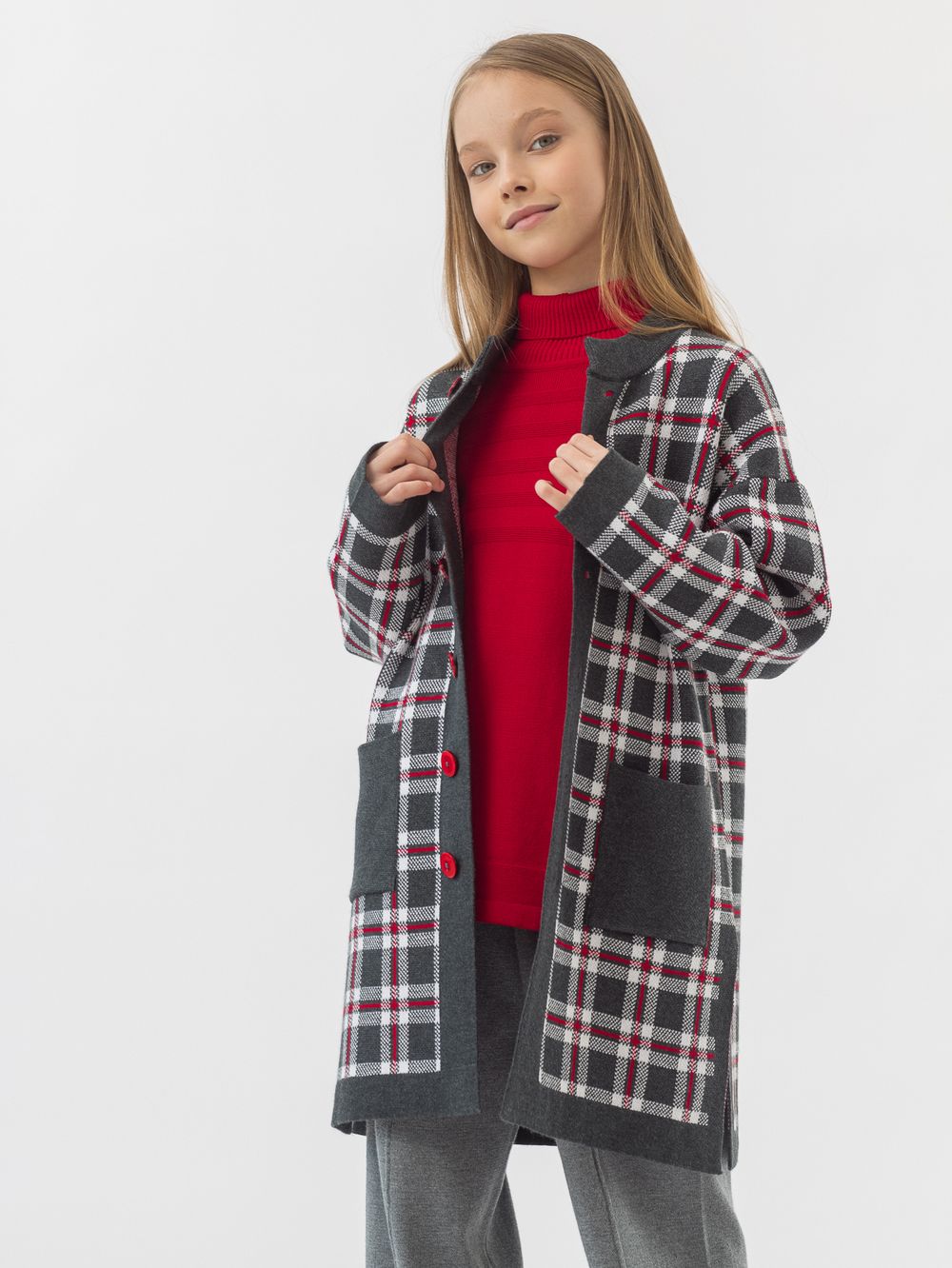 Кардиган серо-бело-красный для девочки арт. АТ922