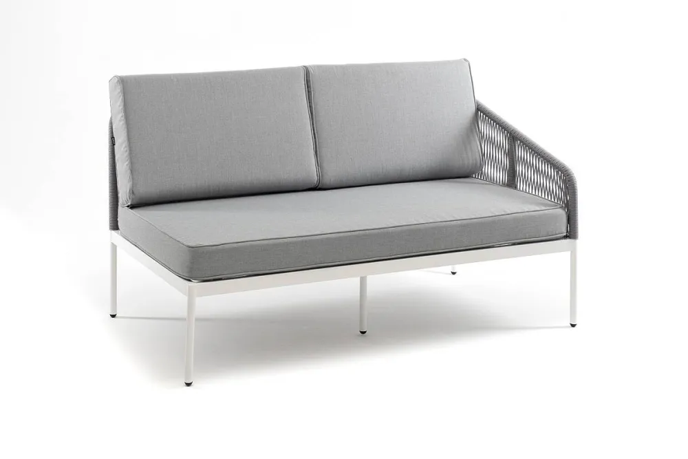 "Канны" левый модуль плетеный из роупа, каркас алюминий белый шагрень, роуп светло-серый круглый, ткань светло-серая