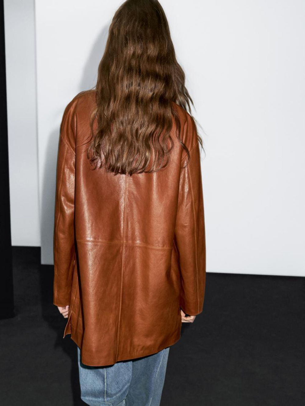 Massimo Dutti Длинное пальто из кожи наппа, цвет верблюжьей шерсти