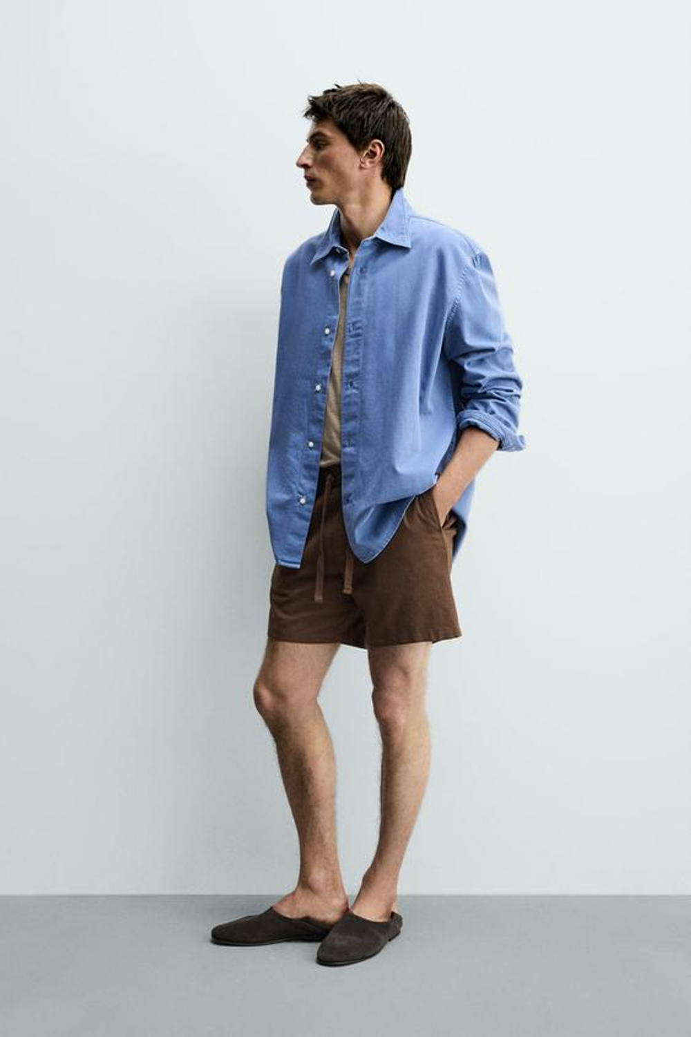 ZARA ШОРТЫ RELAXED FIT ИЗ ХЛОПКА И ЛЬНА, КОРИЧНЕВЫЙ