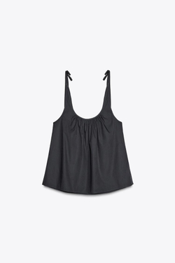 ZARA ТОП ИЗ ПОПЛИНА С ДРАПИРОВКОЙ, СВЕТЛО-НЕФТЯНОЙ