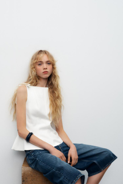 ZARA ТОП С БАСКОЙ И БАНТАМИ, БЕЛЫЙ