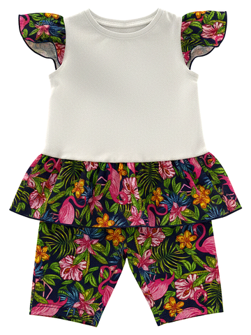 1019 Комплект для девочки (туника с велосипедками) молочный/набивка (64-122/128)