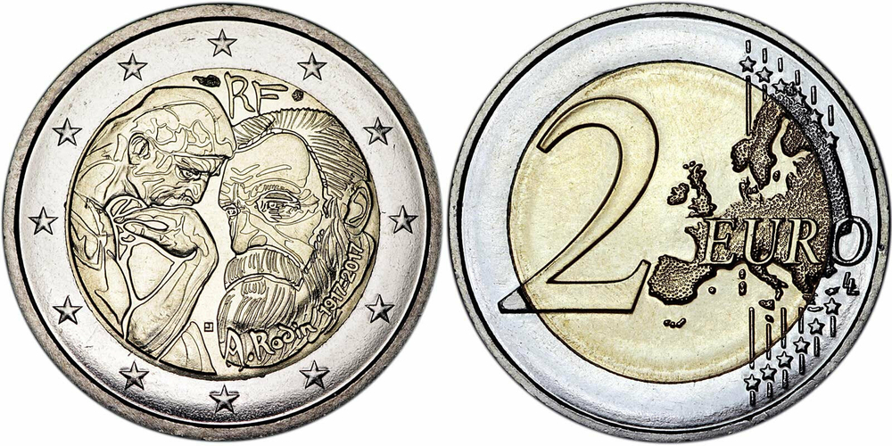 Франция 2 евро, 2017 100 лет со дня смерти Огюста Родена UNC