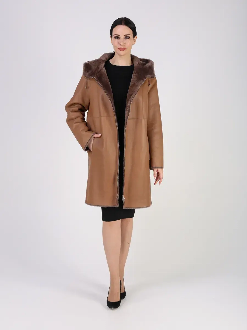 Дубленка зимняя двухсторонняя шуба с капюшоном