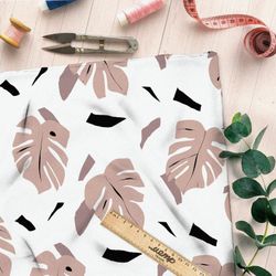 Ткань таффета листья монстеры пудровые