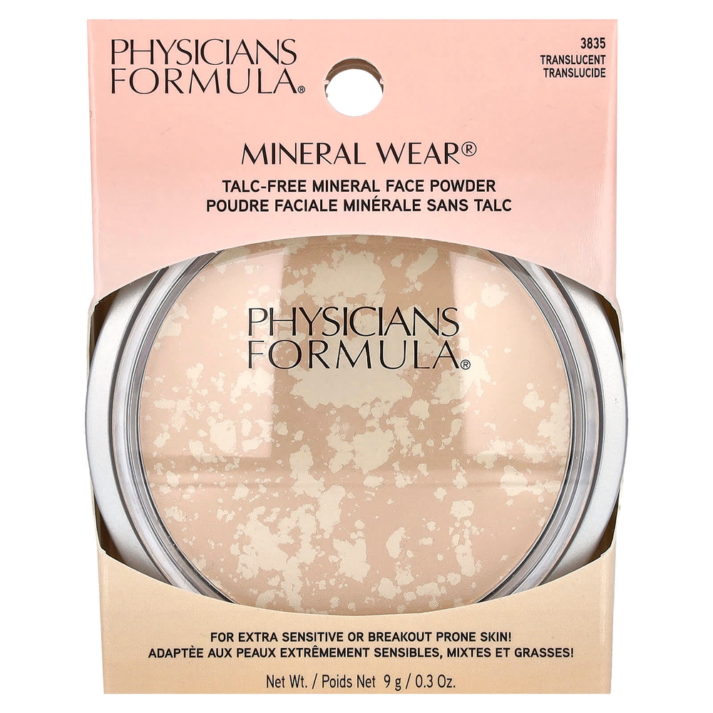 Physicians Formula, Mineral Wear, минеральная пудра для лица, без талька, тон 3835 полупрозрачный, 9 г (0,3 унции)