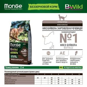 Сухой корм Monge Cat BWild GRAIN FREE для котят и крупных кошек, беззерновой, из мяса буйвола