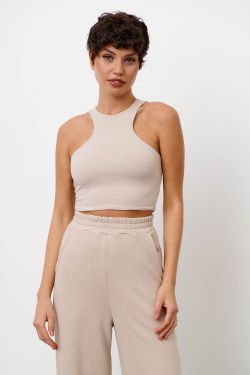 Кроп майка из хлопка серо-бежевого цвета