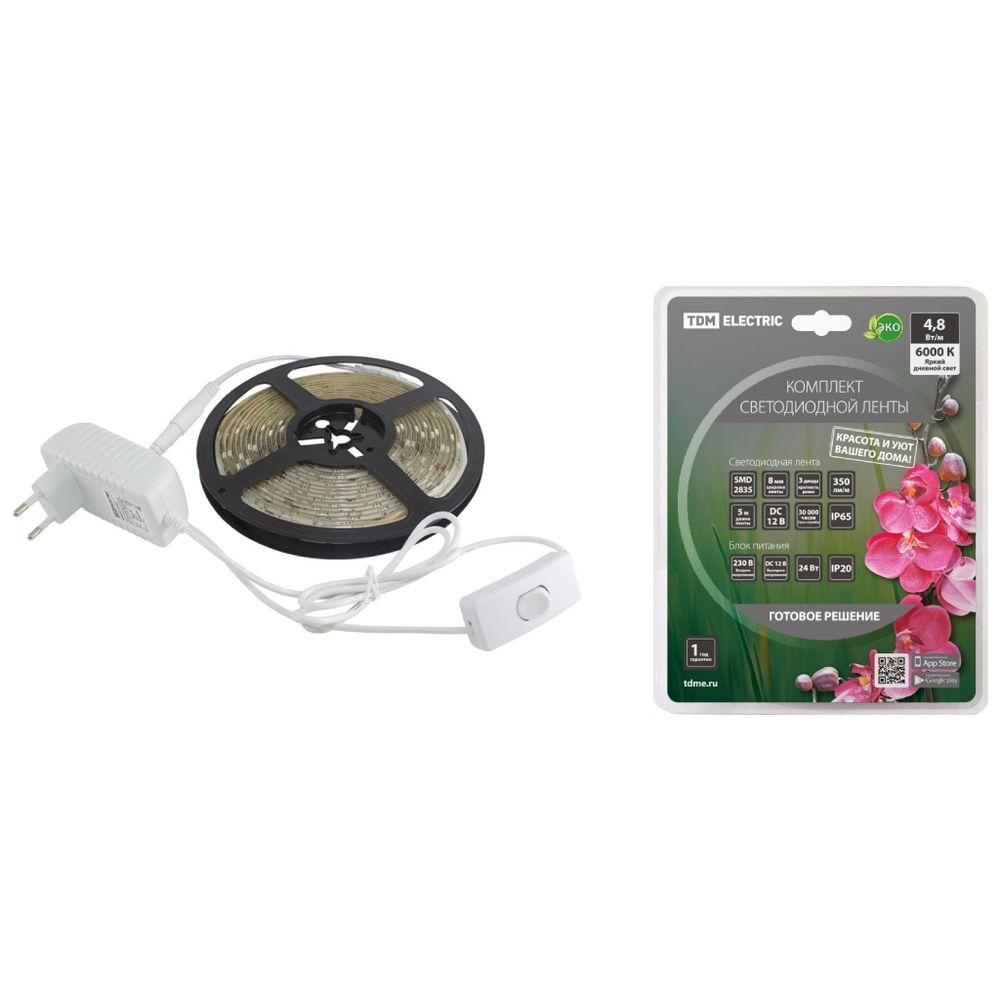 Лента светодиодная SMD 2835, 60LED/м, 12 В, 4.8 Вт, IP65, 5 м, 24 Вт, TDM, SQ0331-0232
