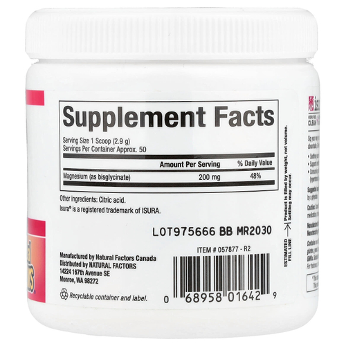 Natural Factors, Бисглицинат магния, чистый, 200 мг, 120 г (4,2 унции)