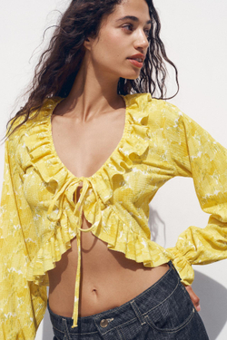 ZARA ТОП С ВОЛАНАМИ И V-ОБРАЗНЫМ ВЫРЕЗОМ, ЖЕЛТЫЙ