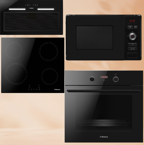 Комплект техники: Вытяжка Hansa OMP6553BGH-G + Индукционная панель Hansa BHI683200 + Встраиваемая микроволновая печь Hansa AMM20BESH + Духовой шкаф Hansa BOES68433