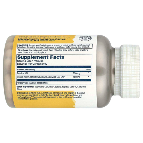Solaray, Бетаин гидрохлорид с пепсином, 90 растительных капсул