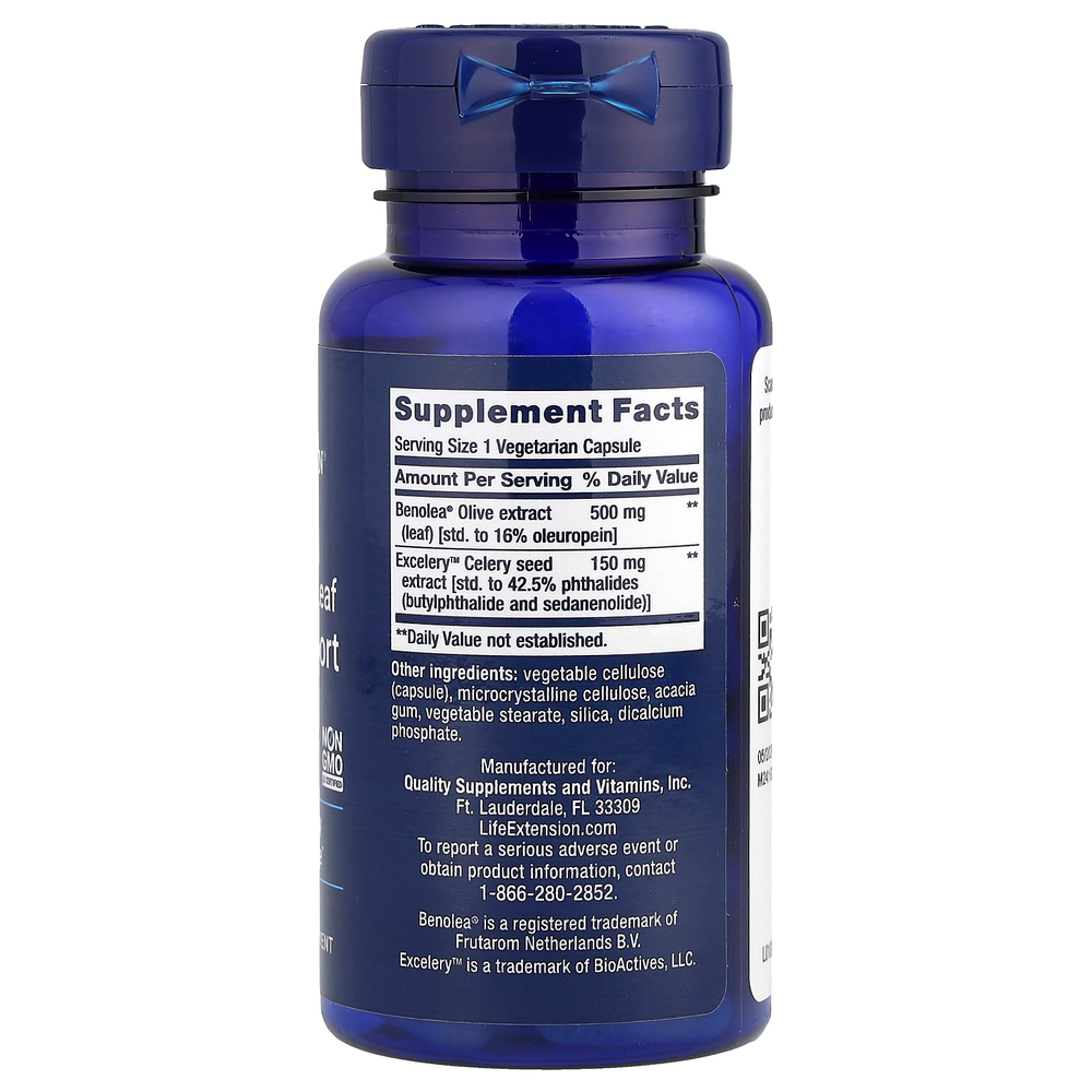 Life Extension, добавка для укрепления сосудов с экстрактами листьев оливы и семян сельдерея, 60 вегетарианских капсул