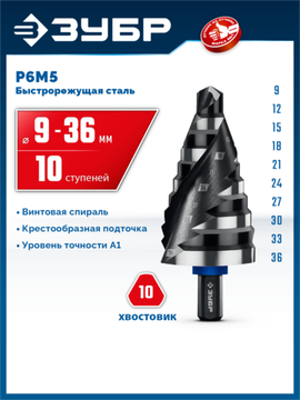 ЗУБР BLACK FORCE 9-36мм, 10 ступеней, винтовая проточка, сверло ступенчатое, ПРОФЕССИОНАЛ (29671-9-36-10)