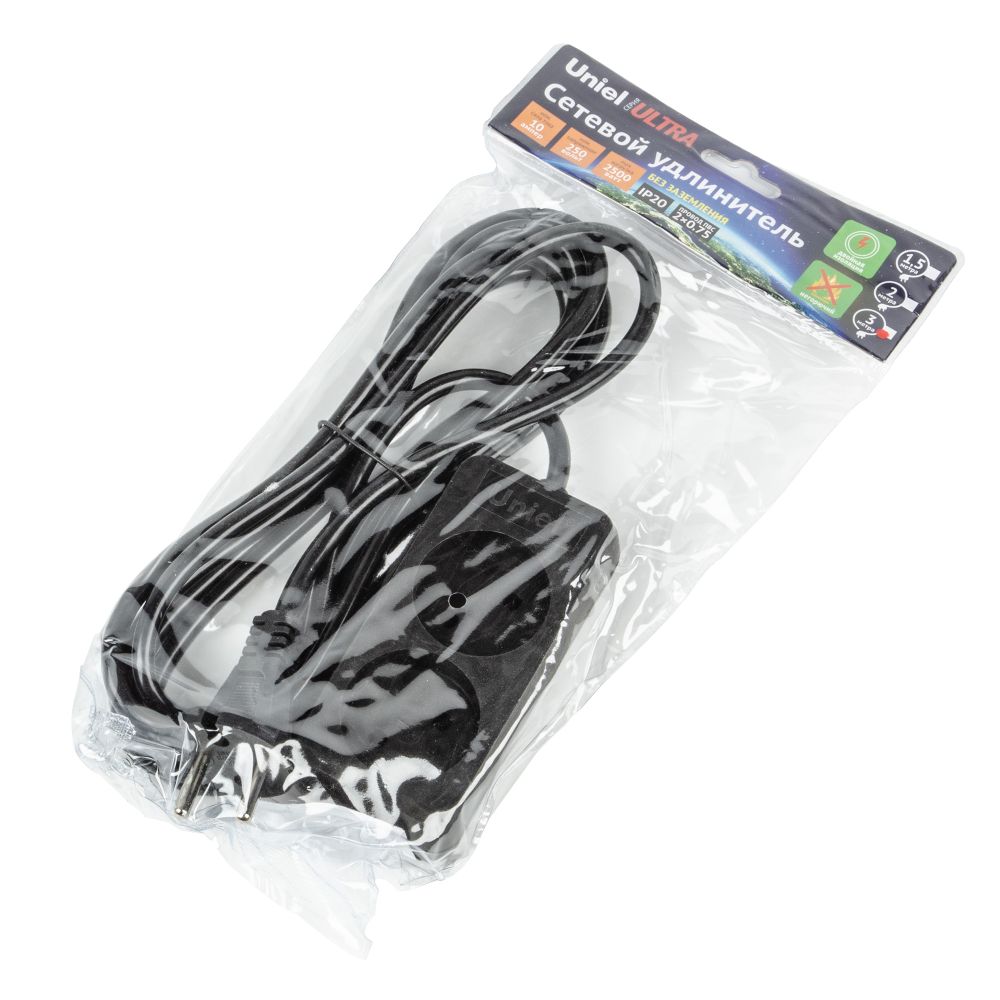 S-CU2-3 BLACK Удлинитель серии Ultra. шнур 3м.. 2 гнезда. 10A. б-з. Черный. TM Uniel