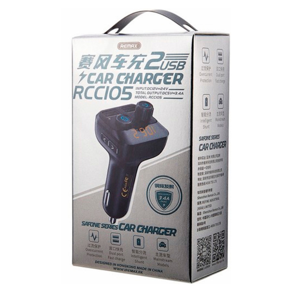 Автомобильное зарядное устройство USB Remax RCC-105 (2 порта, FM модулятор, LCD) Черный