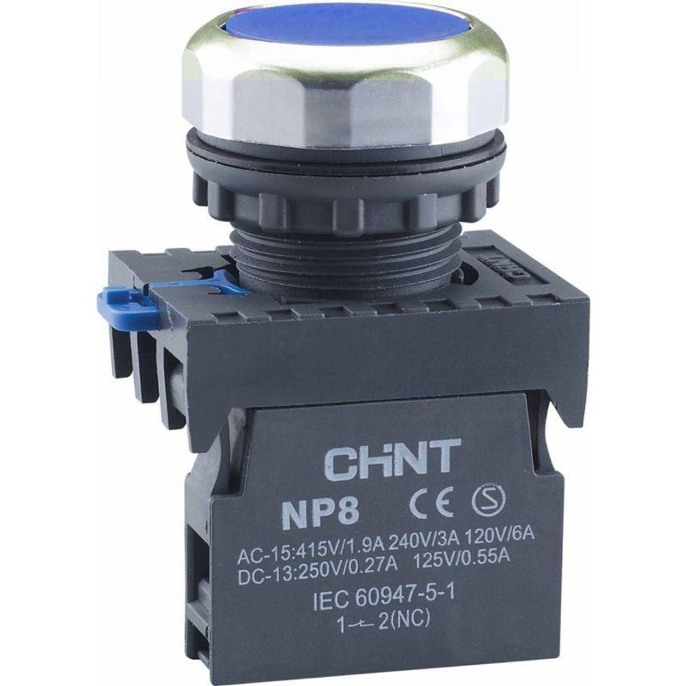 Кнопка управления NP8-02BND/6 подсвет. самовозв. AC110-230В(LED) 2НЗ IP65 (R) син. CHINT 667589