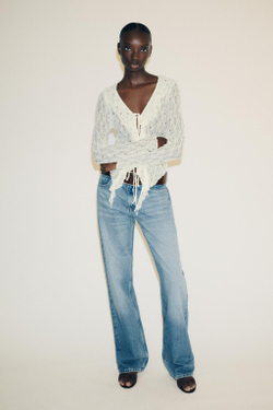 ZARA КРУЖЕВНОЙ ТОП С ЗАКЛЕПКАМИ, ЭКРЮ