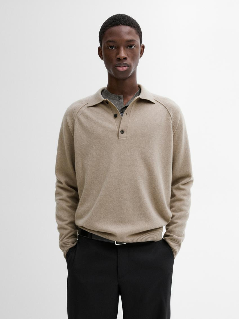 Massimo Dutti Шерстяной свитер с воротником поло, бежевый