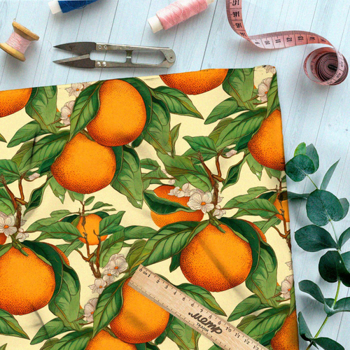 Ткань премиум шелк искусственный Армани оранжевые плоды в цветах