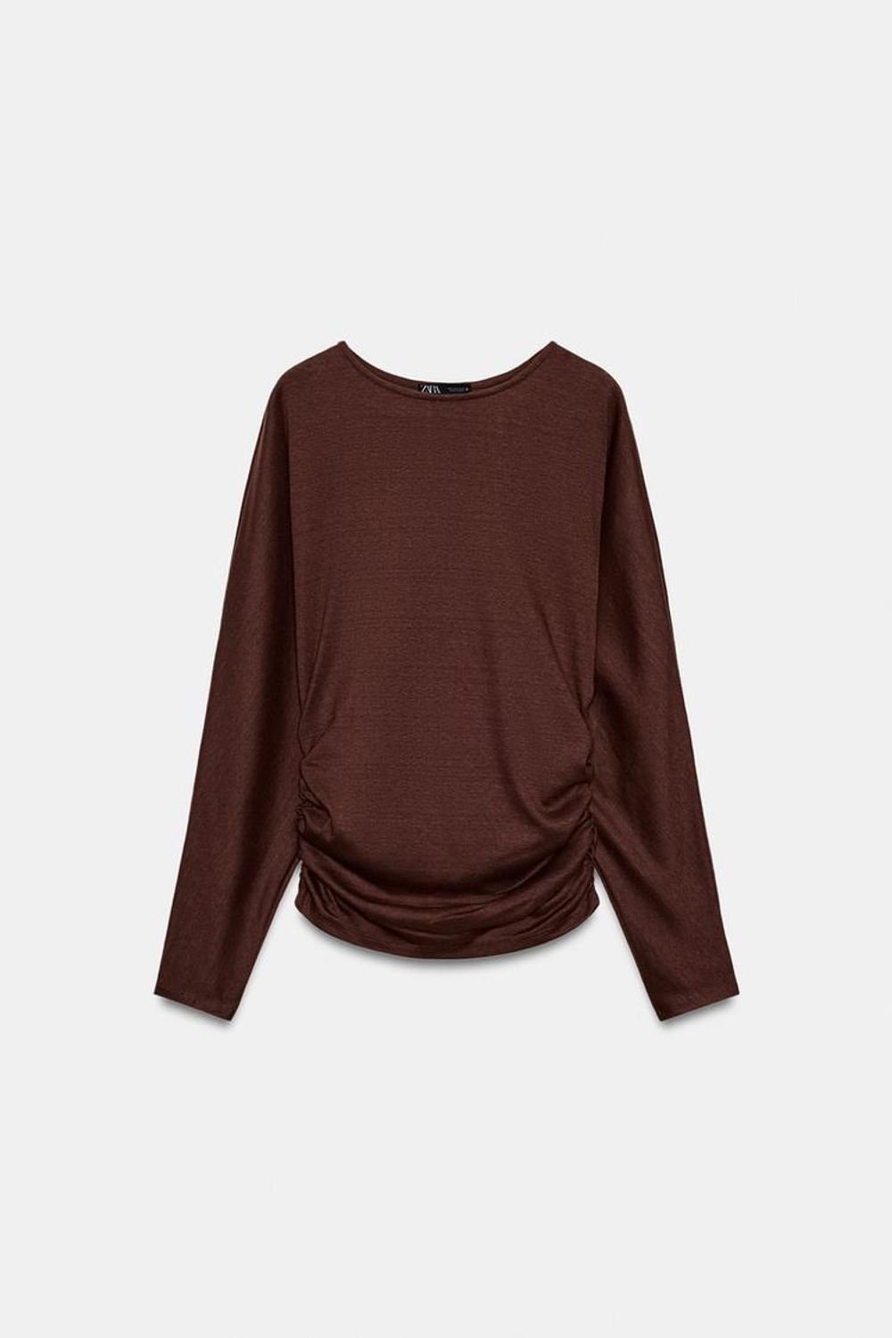 ZARA ФУТБОЛКА С ДРАПИРОВКОЙ, ШОКОЛАДНЫЙ