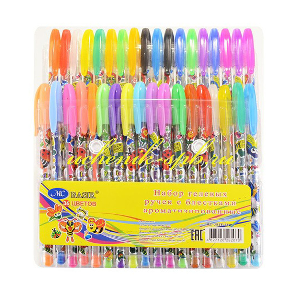 Ручка гелевая, Basir, цветные чернила, серия "Насекомые", ароматизированная с блёстками, 36 шт