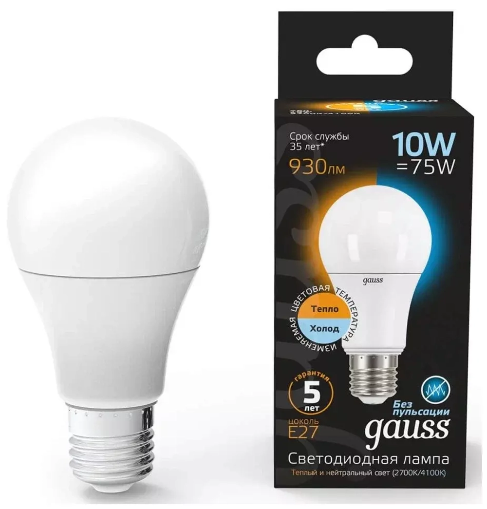 Лампа Gauss Led A60 10W E27  930lm 3000/4100 СТС 102502110-Т
