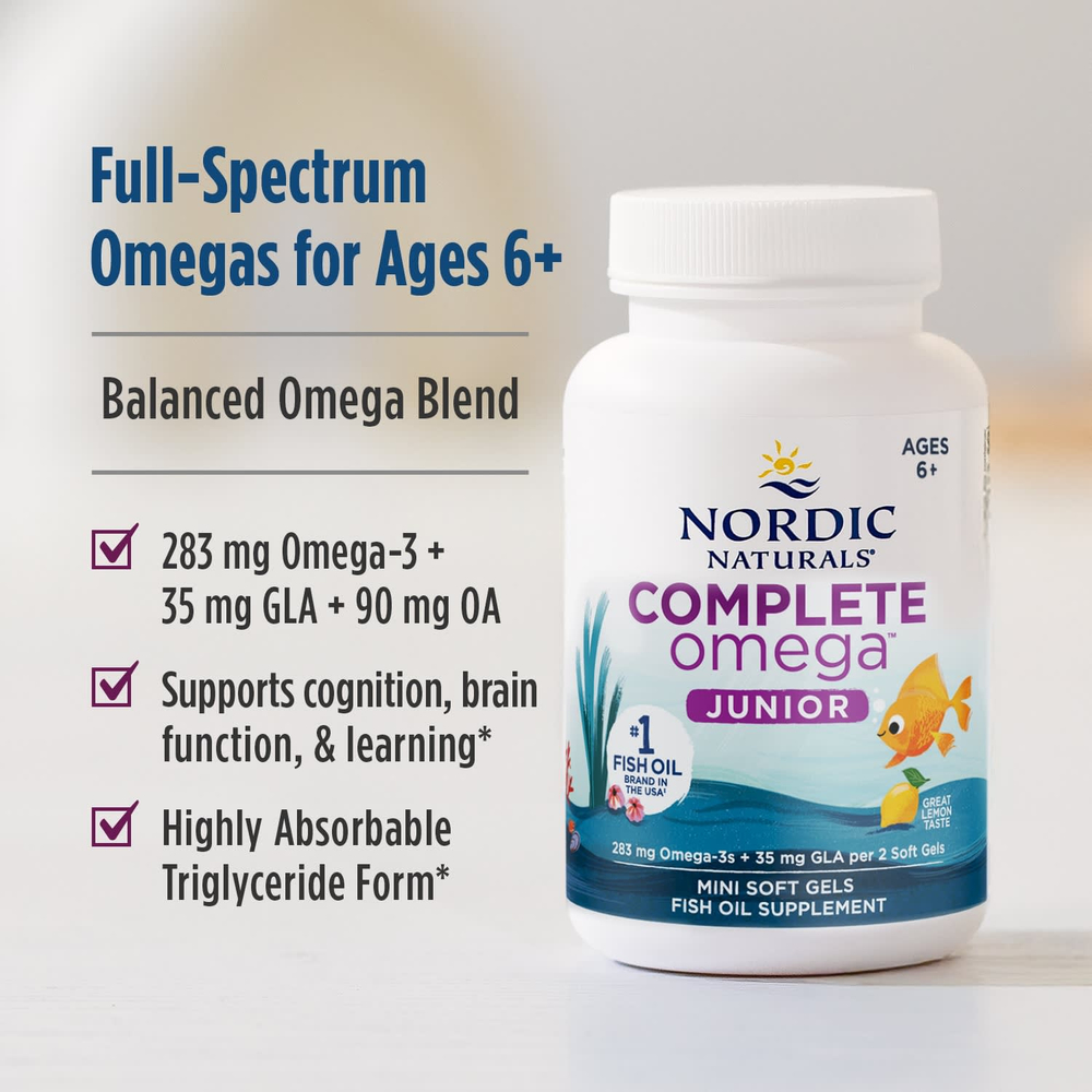 Nordic Naturals, Complete Omega™ Junior, для детей от 6 лет, со вкусом лимона, 90 миникапсул