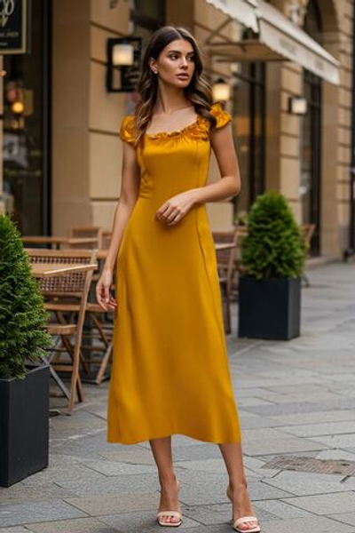 Плиточный вырез с вырезом в виде воротника с резиновой отделкой, миди-тканый костюм TWOSS25EL00632